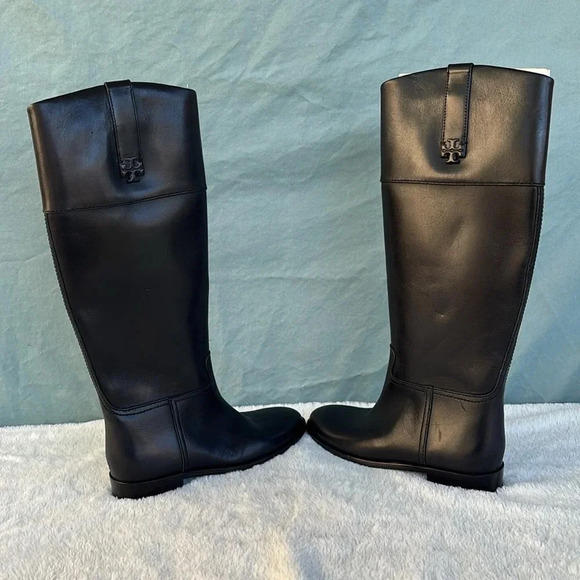 NWOT Tory Burch Double T Riding Black Leather Boots Women Sz 5 1/2M Knee Riding - Picture 3 of 8